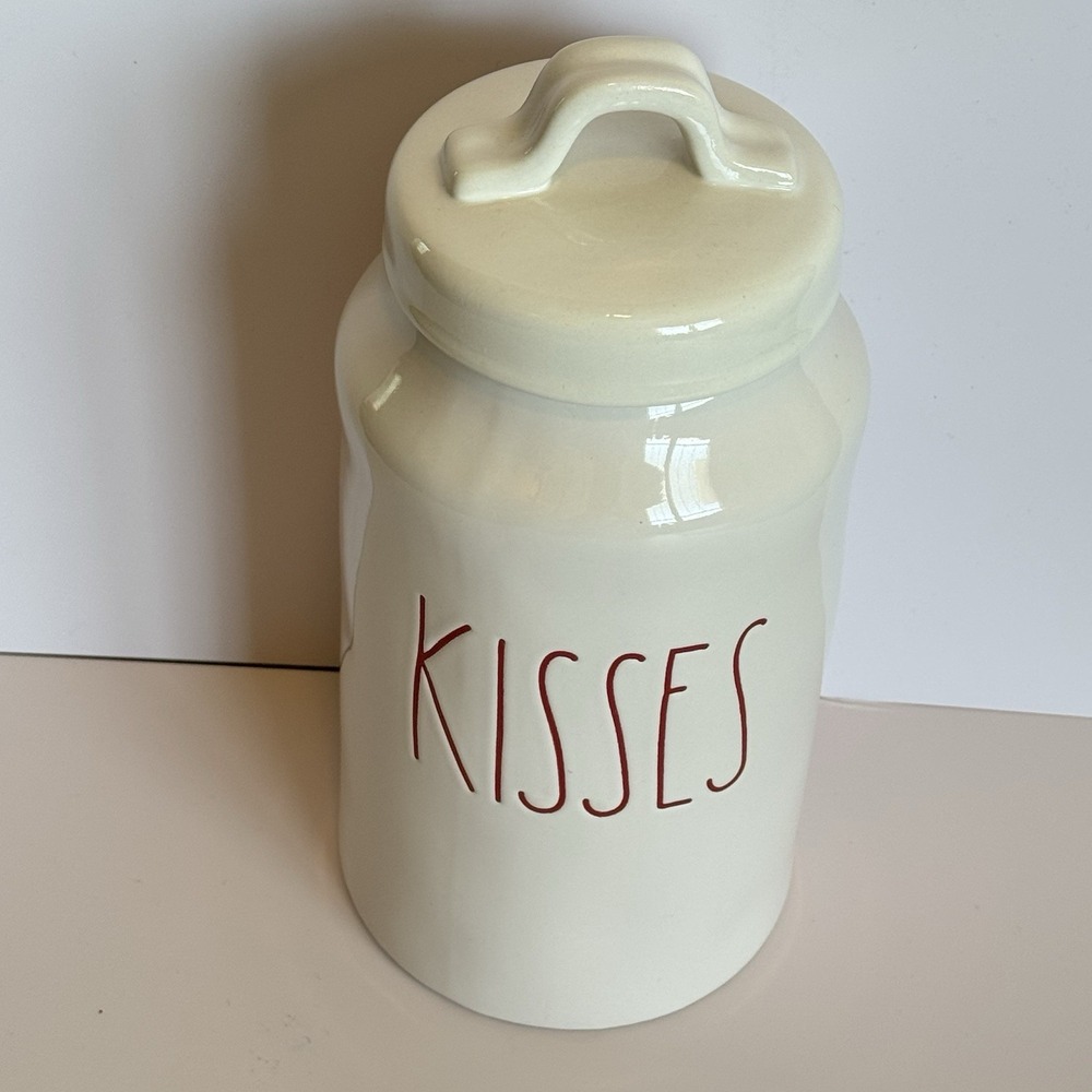 Rae Dunn KISSES Cookie Jar Canister White Red Farmhouse Kitchen Decor